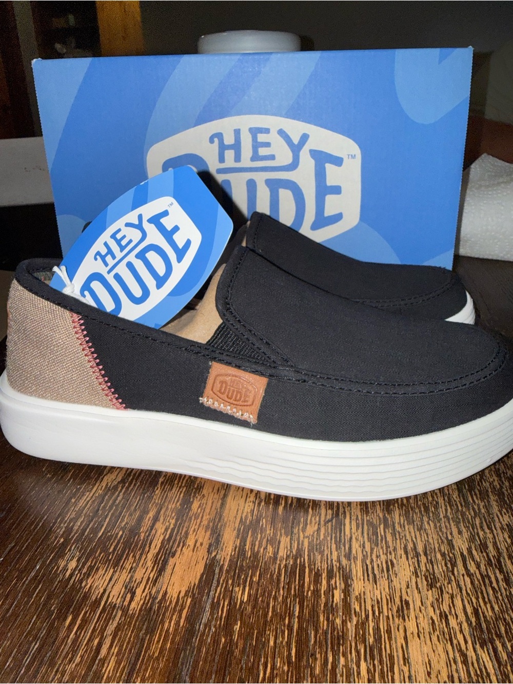 Hey Dude Black Canvas Slip-On Loafers with Tan Heel Accent